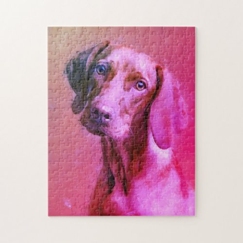 Hungarian Vizsla Dog Art Portrait  Pink Jigsaw Puzzle