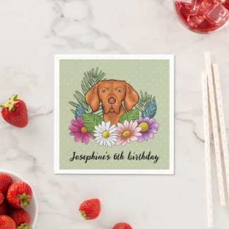 Hungarian Vizsla Dog Colorful Flowers Birthday Napkins