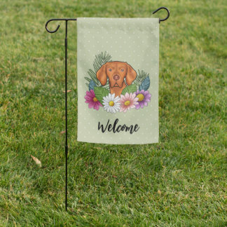 Hungarian Vizsla Dog Head Flowers Welcome Green Garden Flag