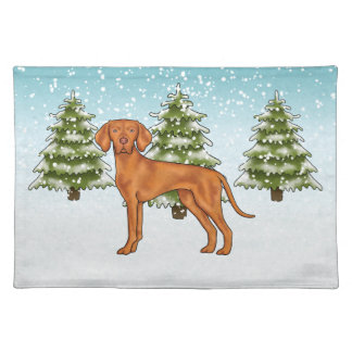 Hungarian Vizsla Dog In Snowy Winter Forest Cute Cloth Placemat