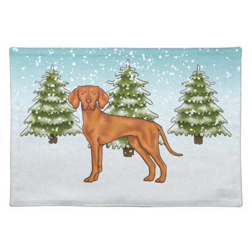 Hungarian Vizsla Dog In Snowy Winter Forest Cute Cloth Placemat
