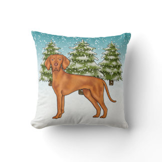 Hungarian Vizsla Dog In Snowy Winter Forest Cute Throw Pillow