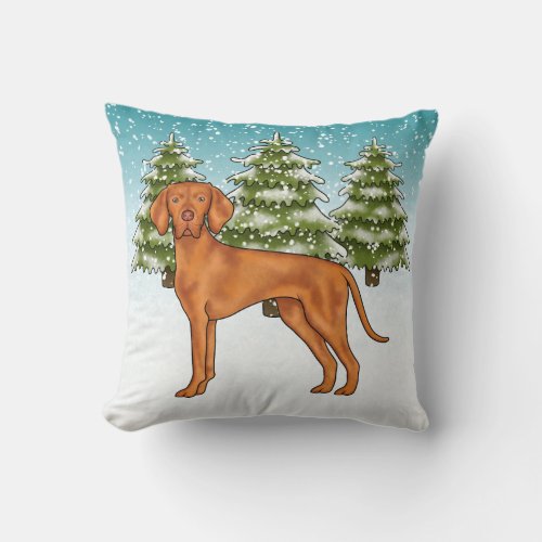 Hungarian Vizsla Dog In Snowy Winter Forest Cute Throw Pillow
