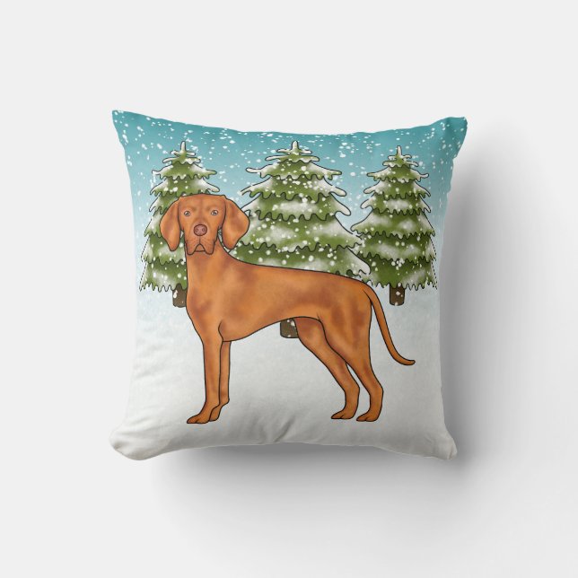 Hungarian Vizsla Dog In Snowy Winter Forest Cute Throw Pillow (Front)