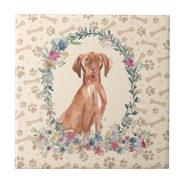 Hungarian Vizsla Dog Paw Print Floral Cute Beige Ceramic Tile (Front)