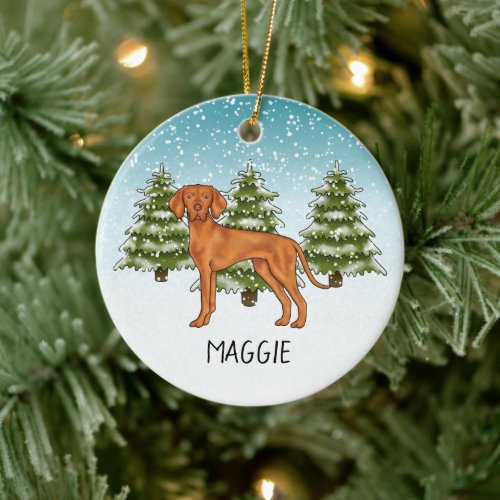 Hungarian Vizsla Dog Snowy Winter Forest And Name Ceramic Ornament