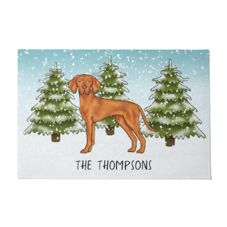 Hungarian Vizsla Dog Snowy Winter Forest And Name Doormat