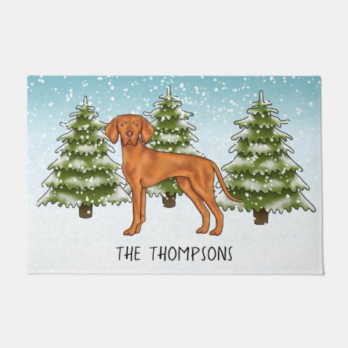 Hungarian Vizsla Dog Snowy Winter Forest And Name Doormat