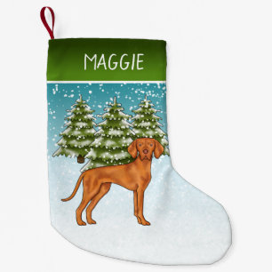 Hungarian Vizsla Dog Snowy Winter Forest And Name Small Christmas Stocking