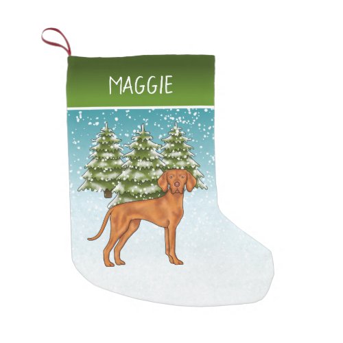 Hungarian Vizsla Dog Snowy Winter Forest And Name Small Christmas Stocking