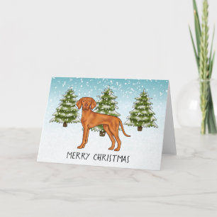 Hungarian Vizsla Dog Snowy Winter Forest And Text Card