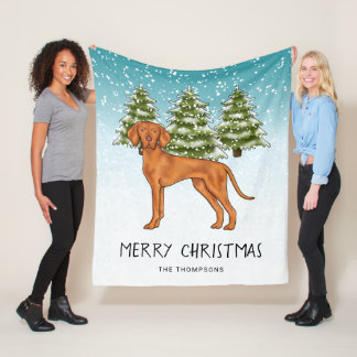 Hungarian Vizsla Dog Snowy Winter Forest And Text Fleece Blanket