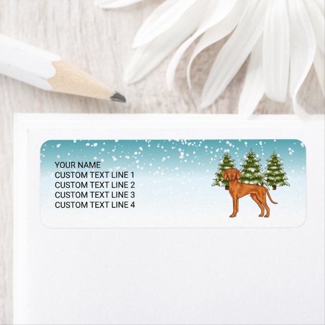 Hungarian Vizsla Dog Snowy Winter Forest And Text Label (Insitu)