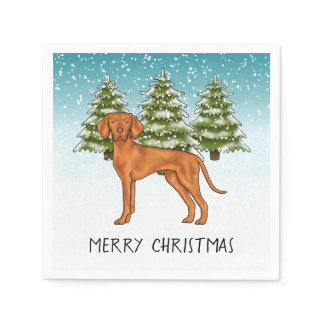 Hungarian Vizsla Dog Snowy Winter Forest And Text Napkins