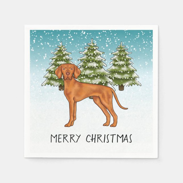 Hungarian Vizsla Dog Snowy Winter Forest And Text Napkins (Front)