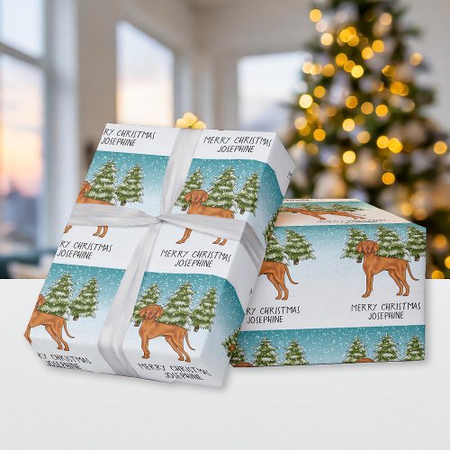 Hungarian Vizsla Dog Snowy Winter Forest And Text Wrapping Paper