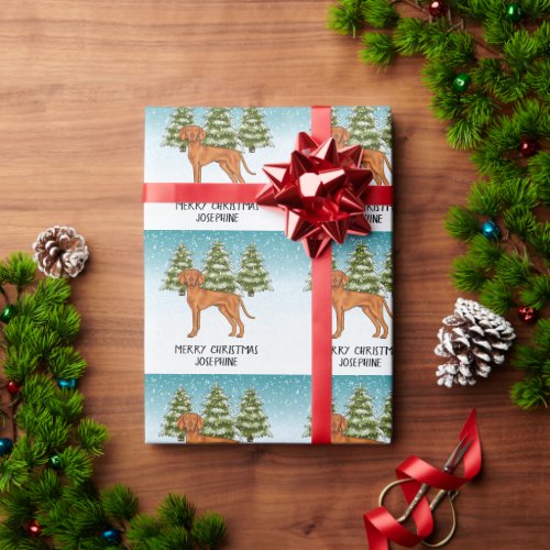 Hungarian Vizsla Dog Snowy Winter Forest And Text Wrapping Paper