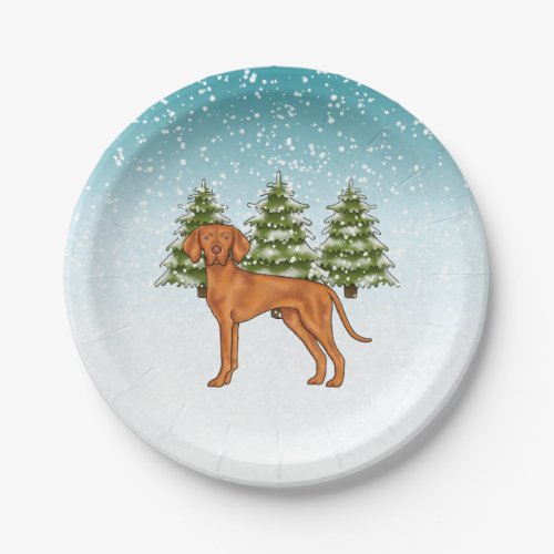 Hungarian Vizsla Dog Snowy Winter Forest Festive Paper Plates