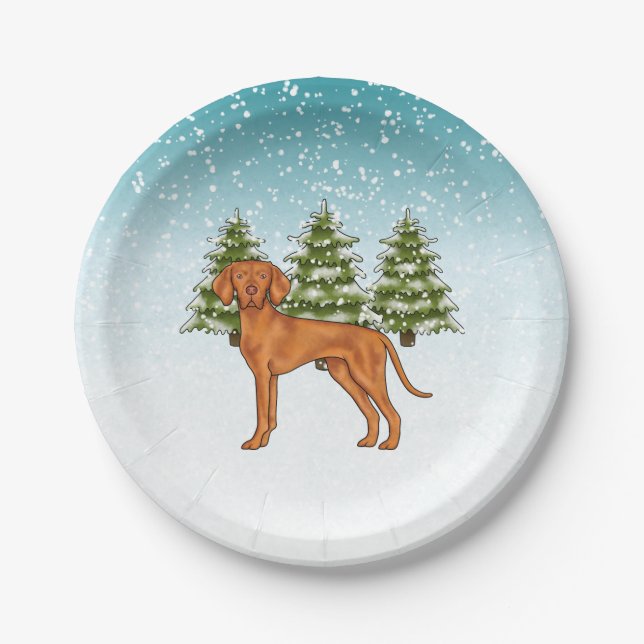 Hungarian Vizsla Dog Snowy Winter Forest Festive Paper Plates (Front)