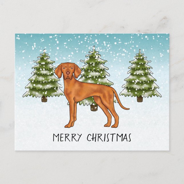 Hungarian Vizsla Dog Snowy Winter Forest Festive Postcard (Front)
