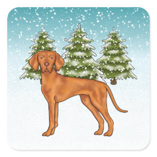 Hungarian Vizsla Dog Snowy Winter Forest Festive Square Sticker
