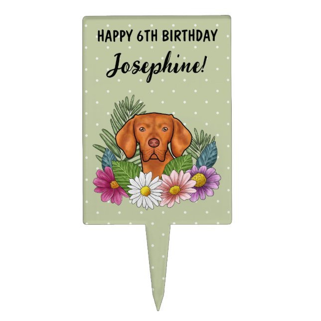 Hungarian Vizsla Dog Summer Floral Happy Birthday Cake Topper (Front)