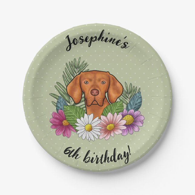 Hungarian Vizsla Dog Summer Floral Happy Birthday Paper Plates (Front)