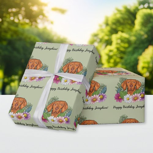 Hungarian Vizsla Dog Summer Floral Happy Birthday Wrapping Paper