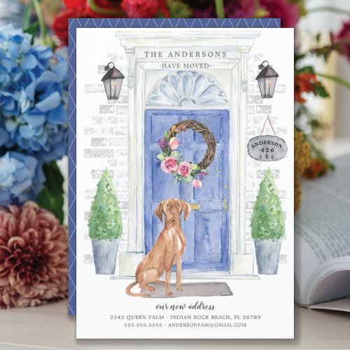 Hungarian Vizsla Front Door Moving Announcement - Announce your new address with our stylish announcement featuring a Hungarian Vizsla, blue front door, welcome mat, slate sign, topiaries and a floral wreath set on a gray brick background.