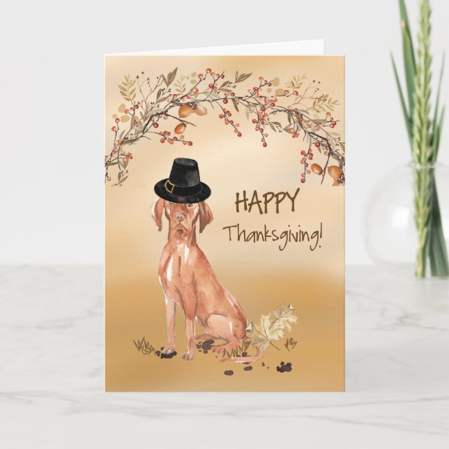 Hungarian Vizsla Funny Pilgrim Hat Thanksgiving Card (Front)