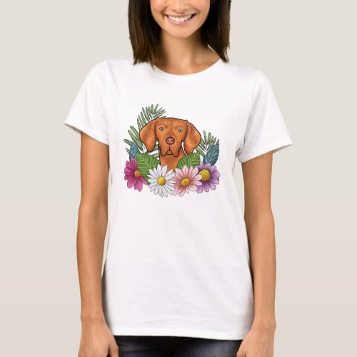 Hungarian Vizsla Head With Colorful Summer Flowers T_Shirt