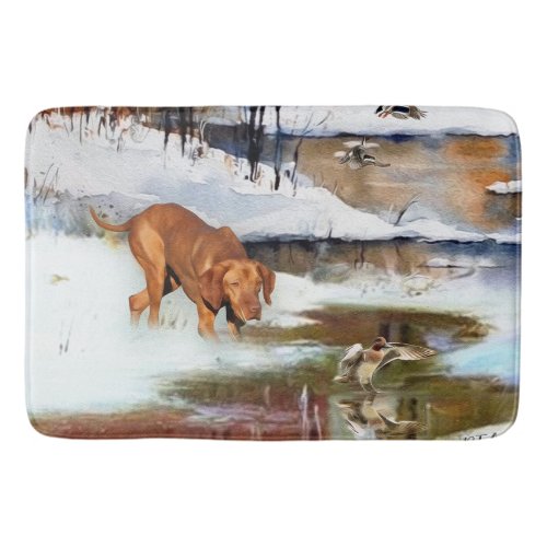 Hungarian Vizsla hunting ducks in winter     Bath Mat