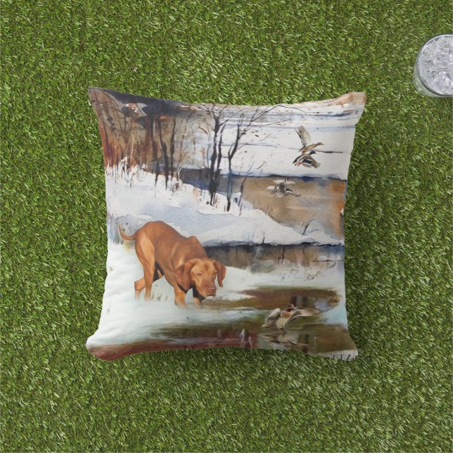 Hungarian Vizsla, hunting ducks in winter    Outdoor Pillow (Grass)