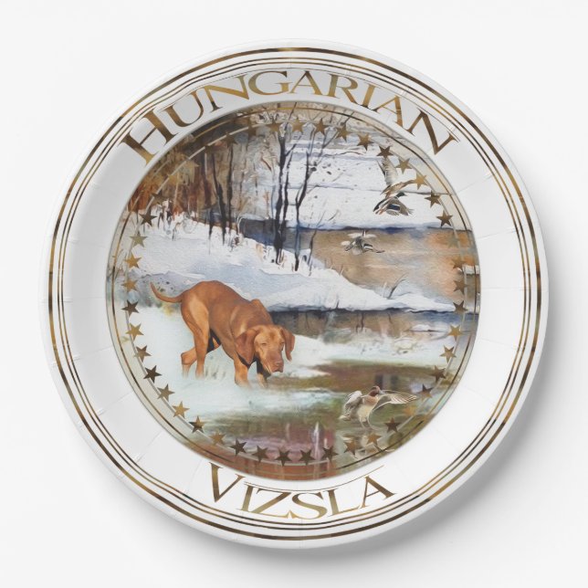 Hungarian Vizsla, hunting ducks in winter     Paper Plates (Front)