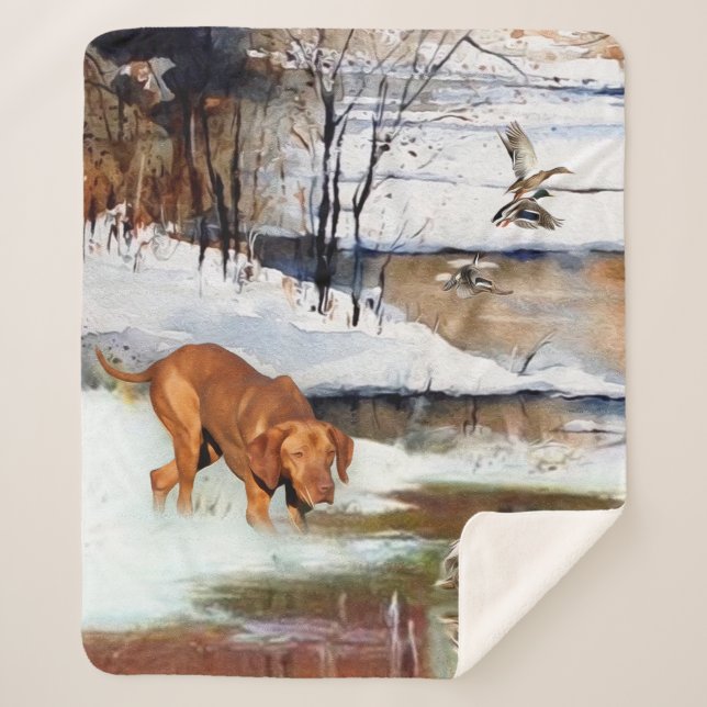 Hungarian Vizsla, hunting ducks in winter    Sherpa Blanket (Front)