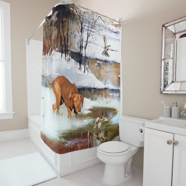 Hungarian Vizsla, hunting ducks in winter     Shower Curtain (In Situ)