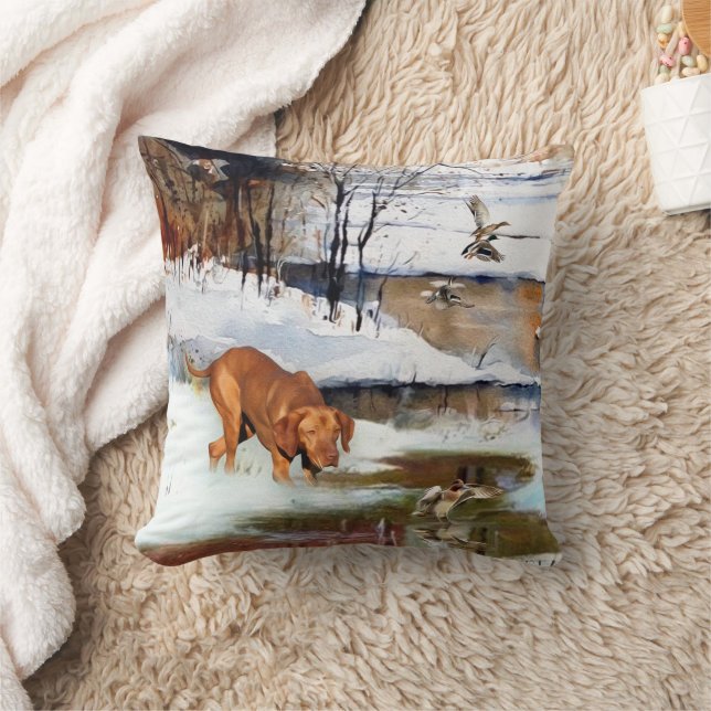 Hungarian Vizsla, hunting ducks in winter   Throw Pillow (Blanket)