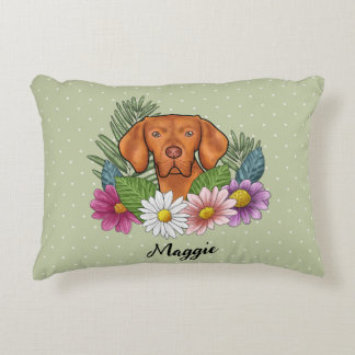 Hungarian Vizsla With Colorful Flowers And Name Accent Pillow