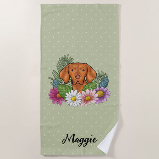 Hungarian Vizsla With Colorful Flowers And Name Beach Towel