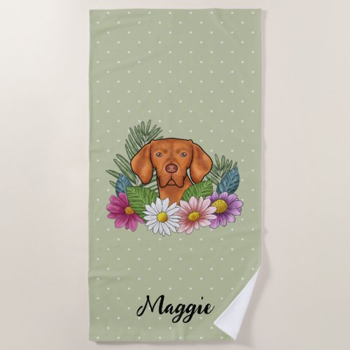 Hungarian Vizsla With Colorful Flowers And Name Beach Towel