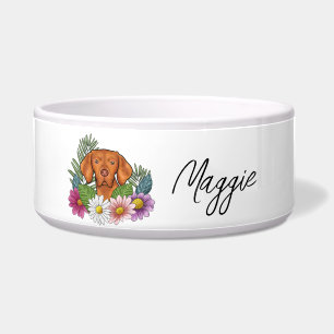 Hungarian Vizsla With Colorful Flowers And Name Bowl