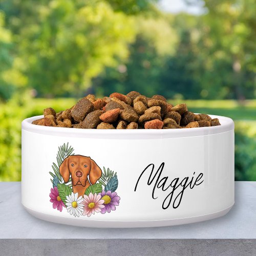 Hungarian Vizsla With Colorful Flowers And Name Bowl