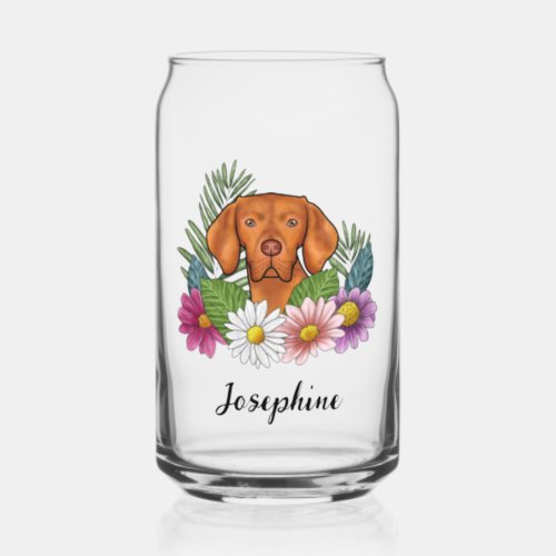 Hungarian Vizsla With Colorful Flowers And Name Can Glass