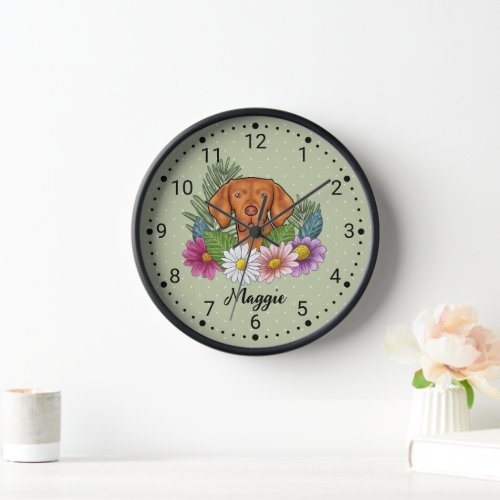 Hungarian Vizsla With Colorful Flowers And Name Clock