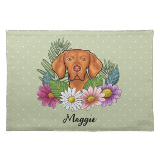 Hungarian Vizsla With Colorful Flowers And Name Cloth Placemat