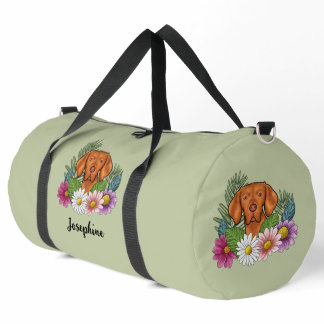 Hungarian Vizsla With Colorful Flowers And Name Duffle Bag