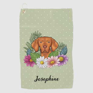 Hungarian Vizsla With Colorful Flowers And Name Golf Towel