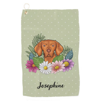 Hungarian Vizsla With Colorful Flowers And Name Golf Towel