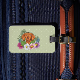 Hungarian Vizsla With Colorful Flowers And Name Luggage Tag