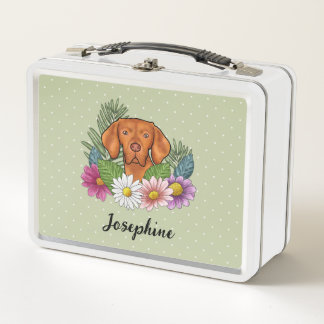 Hungarian Vizsla With Colorful Flowers And Name Metal Lunch Box